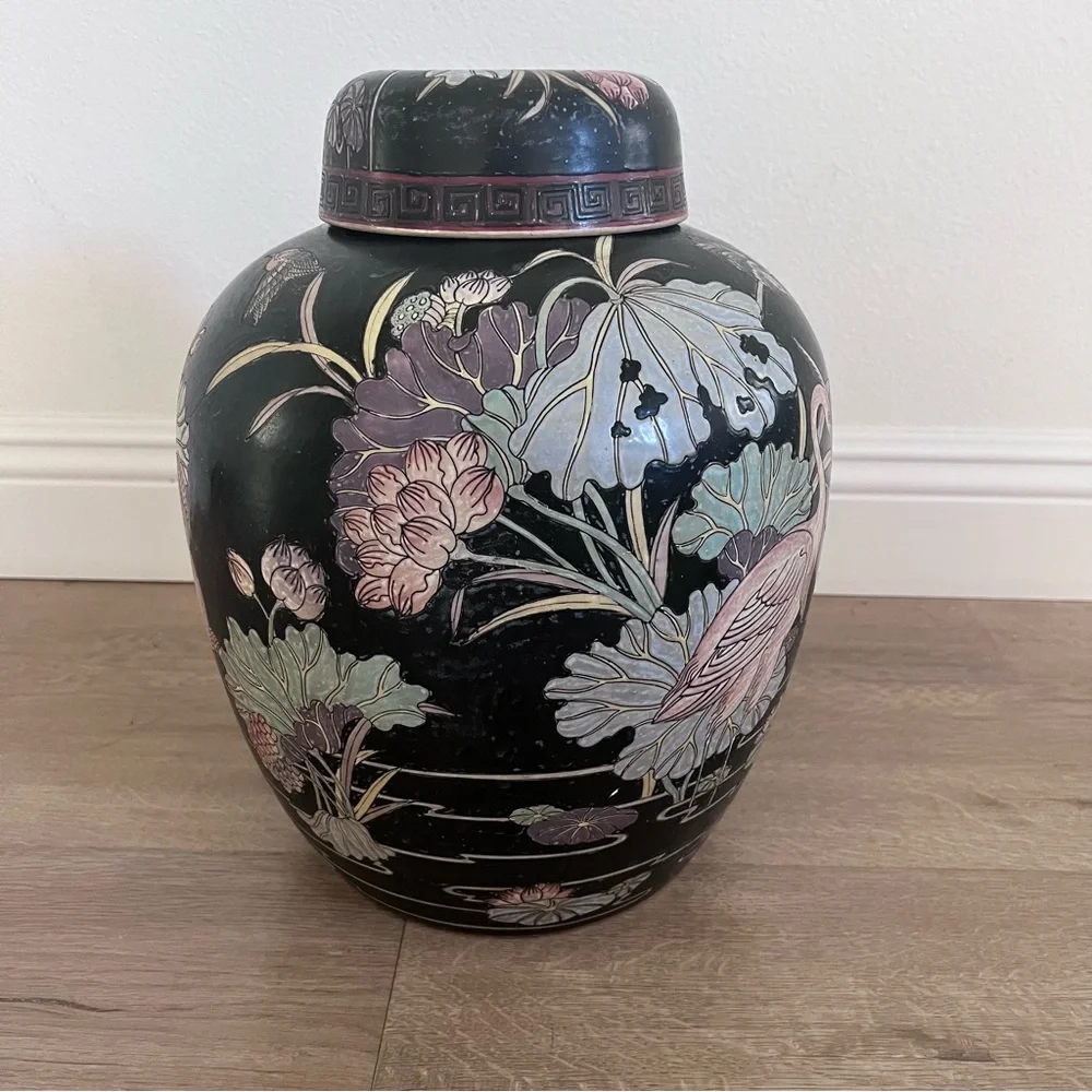Mid 19th Century Antique Chinese Birds In a Pond Ceramic Ginger Jar - Large 15”